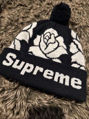 Supreme Black & White Rose Pom Cuffed Beanie